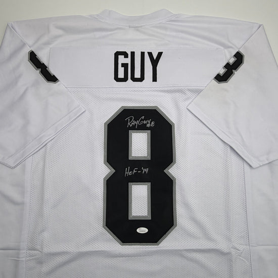 Autographed/Signed Ray Guy HOF 14 Oakland Las Vegas White Football Jersey JSA COA