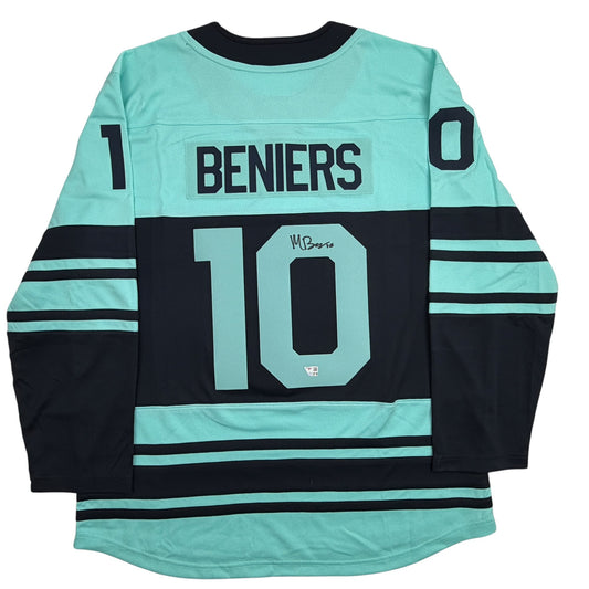 Autographed/Signed Matty Beniers Seattle Kraken Blue Authentic Hockey Jersey Fanatics COA