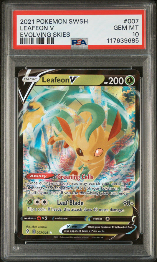 Graded 2021 PKM Evolving Skies Leafeon V #007 Trading Card Game PSA 10 Gem Mint