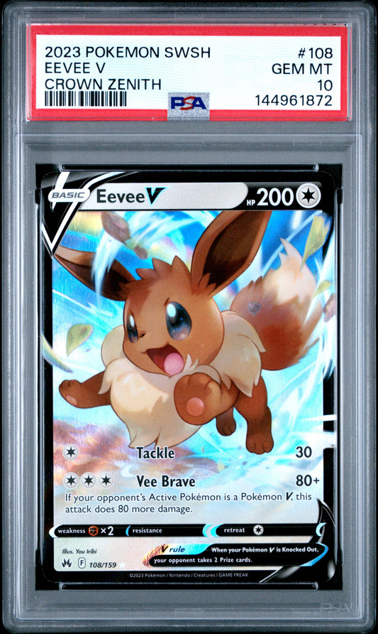 Graded 2023 PKM SWSH Eevee #108 V Crown Zenith Trading Card Game PSA 10 Gem Mint