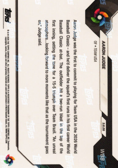 2026 Topps Now World Baseball Classic Aaron Judge #WB8 Orange Foil /25 Slugs HR in 1st World Baseball Classic At-Bat Team USA Baseball Card