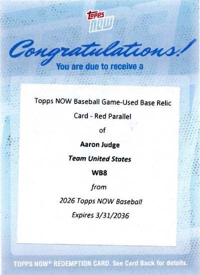  2026 Topps Now World Baseball Classic Aaron Judge #WB8 Game Used Base Relic Red Redemption /5 Slugs HR in 1st World Baseball Classic At-Bat Team USA Baseball Card 
