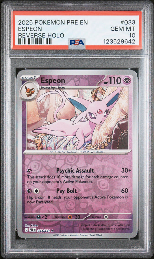 Graded 2025 PKM PRE EN Espeon #033 Reverse Holo Prismatic Evolutions Trading Card Game PSA 10 Gem Mint