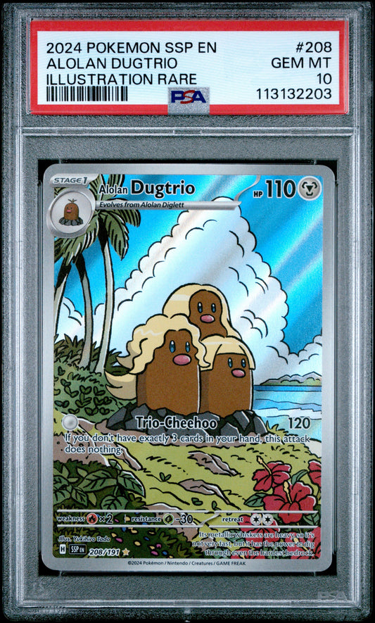 Graded 2024 PKM Alolan Dugtrio #208 Surging Sparks Trading Card Game PSA 10 Gem Mint
