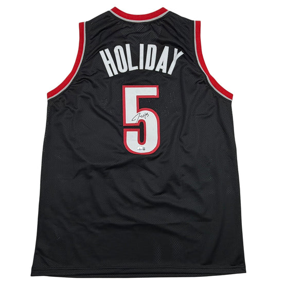 Autographed/Signed Jrue Holiday Portland Black Basketball Jersey Beckett BAS COA