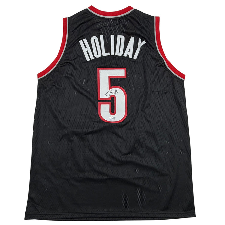 Autographed/Signed Jrue Holiday Portland Black Basketball Jersey Beckett BAS COA