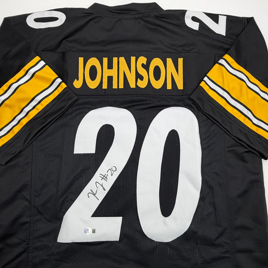 Autographed/Signed Kaleb Johnson Pittsburgh Black Football Jersey Beckett BAS COA