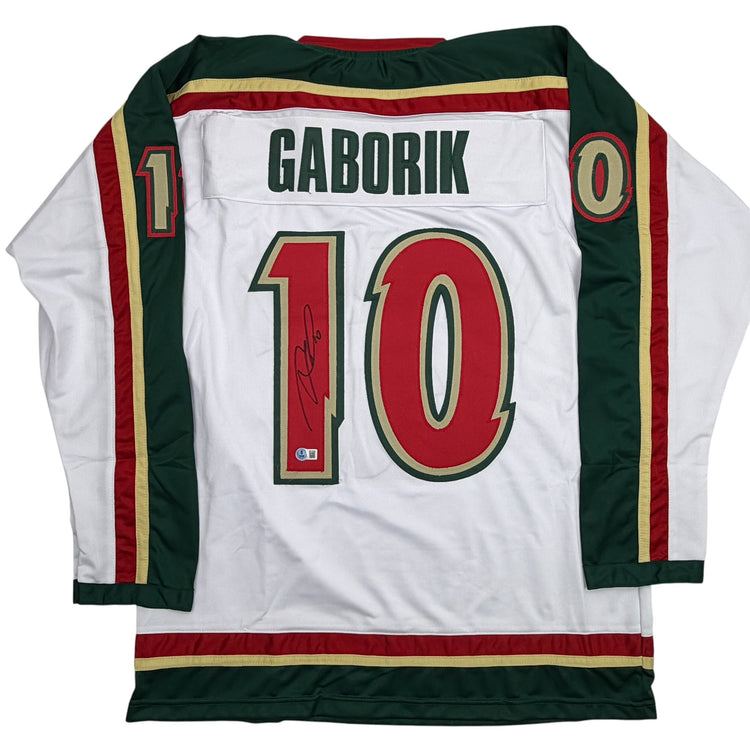 Autographed/Signed Marian Gaborik Minnesota White 25th Anniversary Hockey Jersey Beckett BAS COA