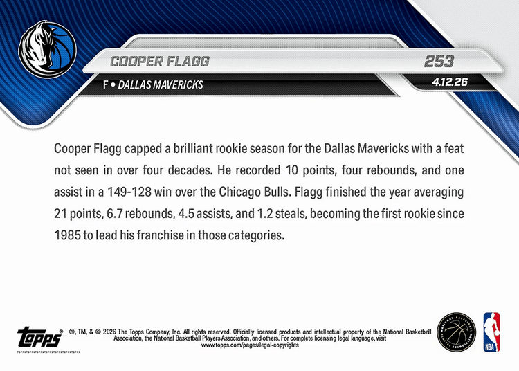2025 Topps Now Cooper Flagg #253 1st Rookie Since '85 to Lead Team in Pts/Reb/Ast/Stl Dallas Mavericks Rookie RC Basketball Card