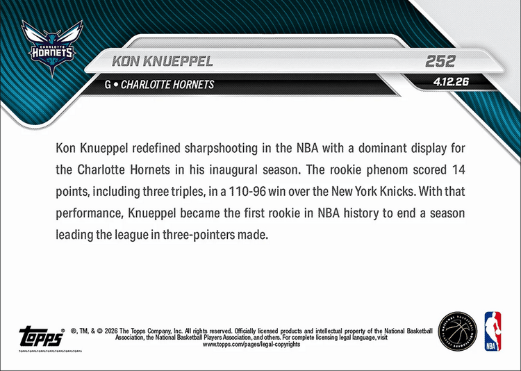2025 Topps Now Kon Knueppel #252 1st Rookie in NBA History to Lead League in 3PM Charlotte Hornets Rookie RC Basketball Card