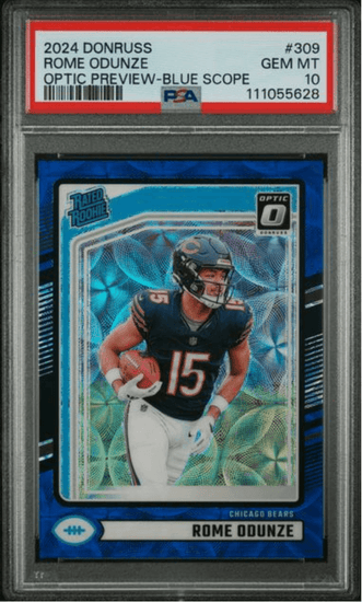 Graded 2024 Panini Donruss Rome Odunze #309 Optic Preview Blue Scope Rookie RC Football Card PSA 10 Gem Mint