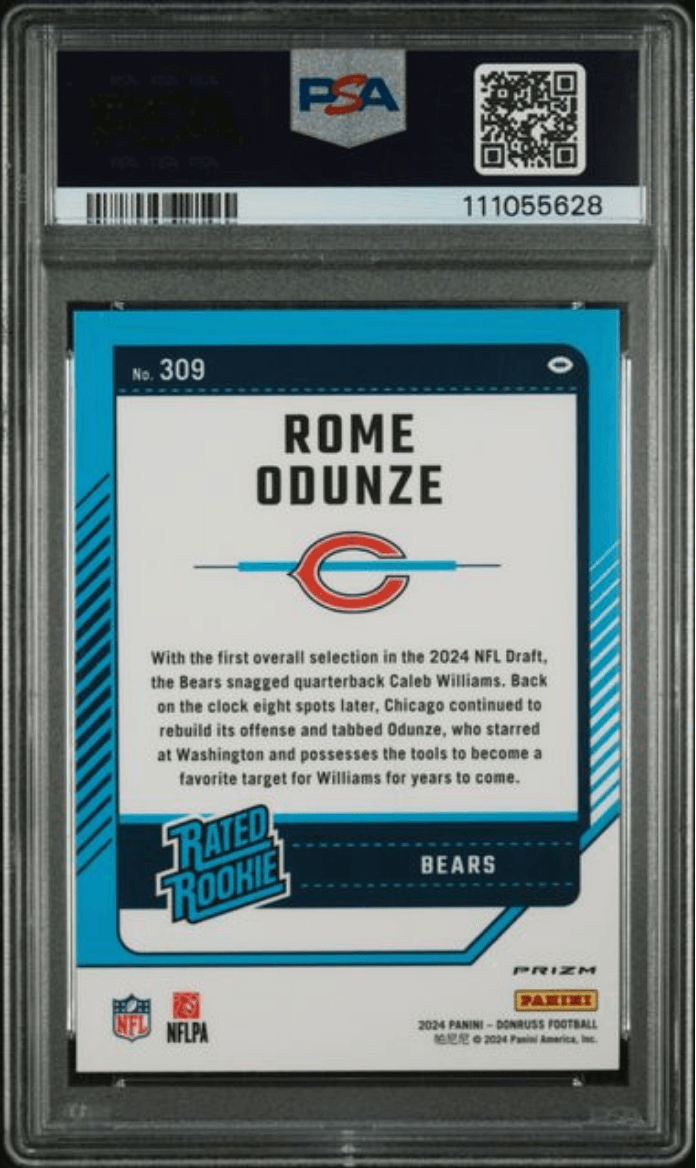 Graded 2024 Panini Donruss Rome Odunze #309 Optic Preview Blue Scope Rookie RC Football Card PSA 10 Gem Mint