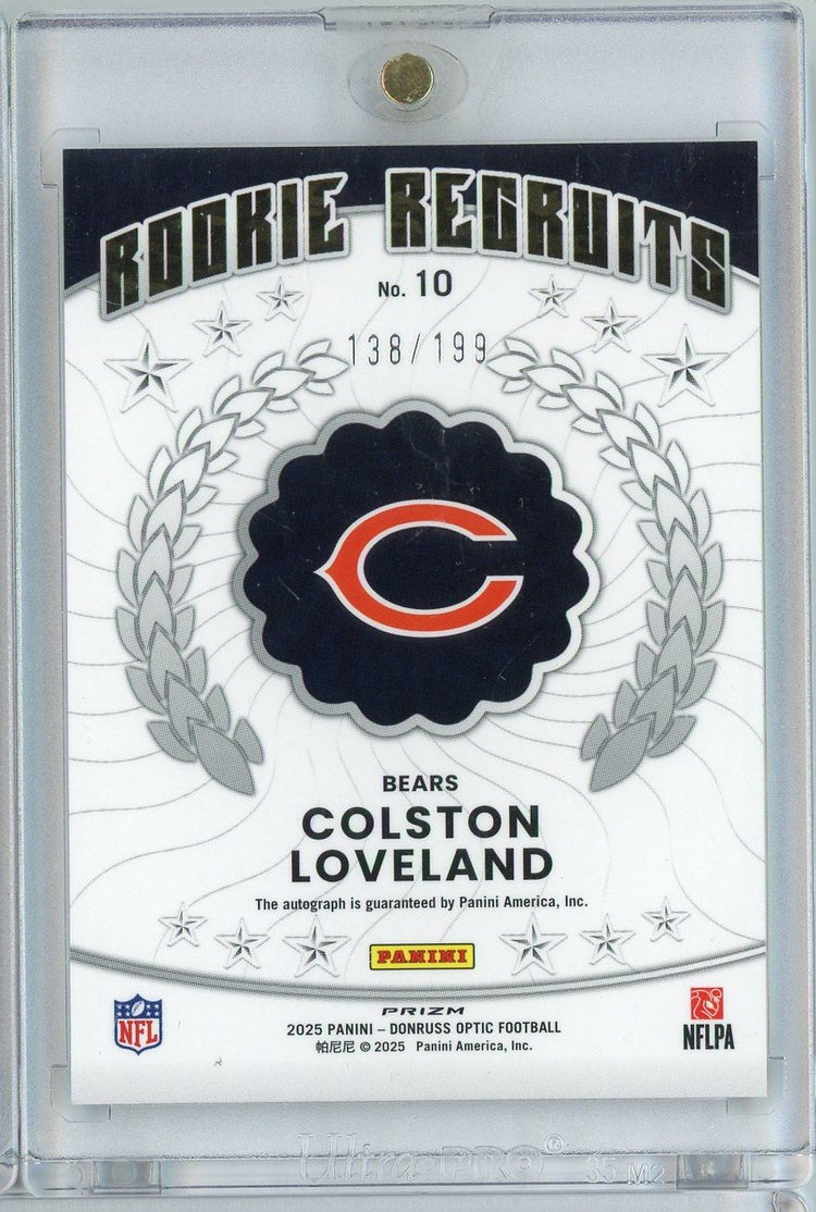  2025 Panini Donruss Optic Colston Loveland #10 /199 Rookie Recruits Refractor Auto Rookie RC Football Card