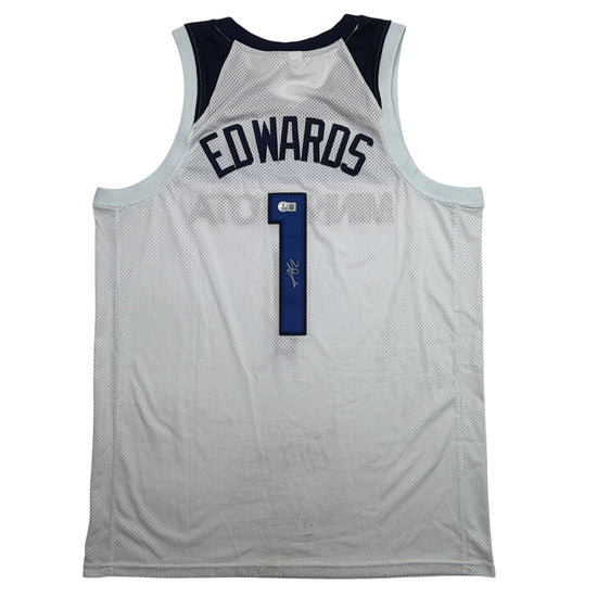 Autographed/Signed Anthony Edwards Minnesota White Basketball Jersey Beckett BAS COA