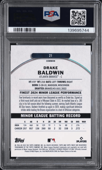 Graded 2025 Topps Finest Drake Baldwin #21 Checkerboard Refractor Rookie RC Baseball Card PSA 10 Gem Mint