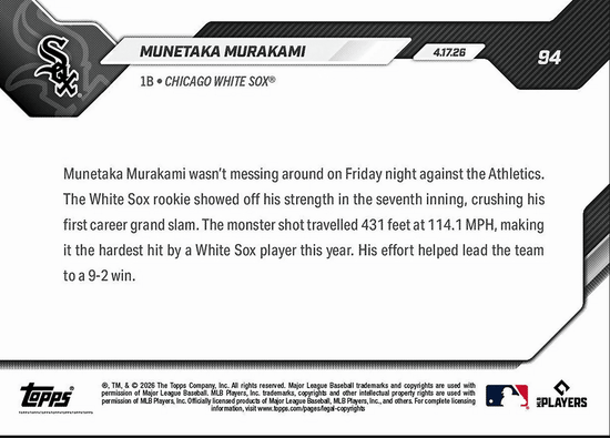 2026 Topps Now Munetaka Murakami #94 Smashes 1st Career Grand Slam 114.1 MPH Chicago White Sox Rookie RC Baseball Card