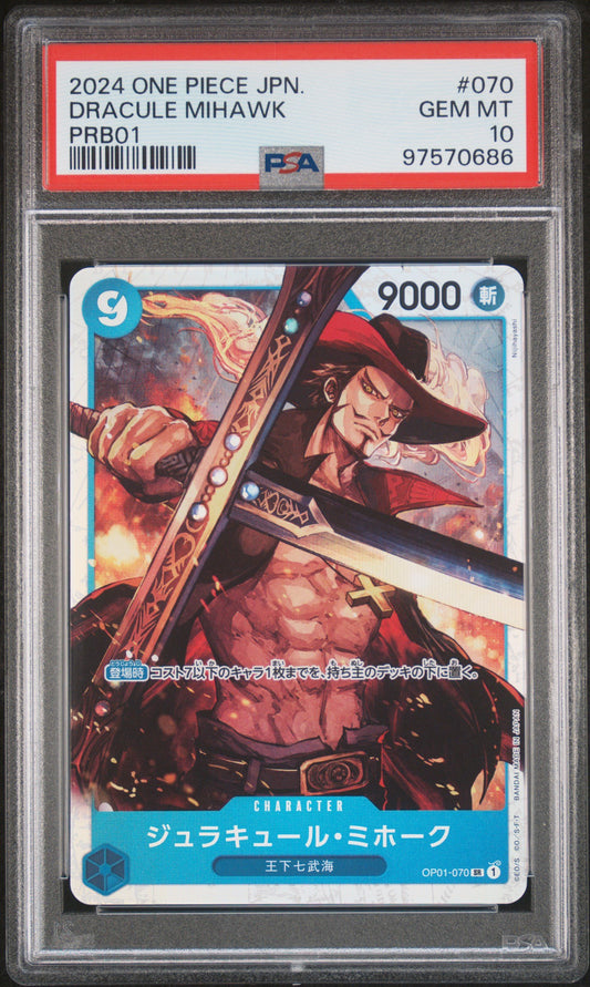 Graded 2024 One Piece JPN Dracule Mihawk #070 PRB01 Japanese Premium Booster Trading Card Game PSA 10 Gem Mint