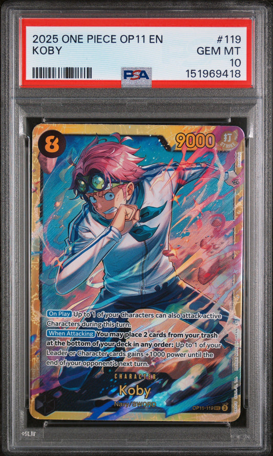 Graded 2025 One Piece Japanese Koby #119 OP11 Fist of Divine Speed Trading Card Game PSA 10 Gem Mint