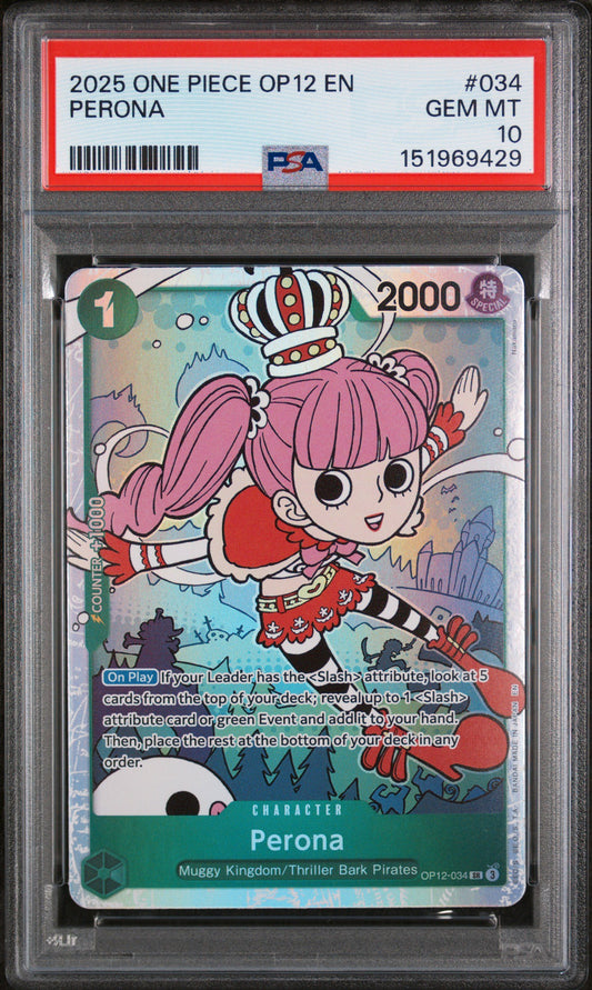 Graded 2025 One Piece Perona #034 OP12 Legacy of the Master Trading Card Game PSA 10 Gem Mint