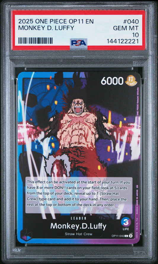Graded 2025 One Piece Monkey D Luffy #040 OP11 A Fist of Divine Speed Trading Card Game PSA 10 Gem Mint