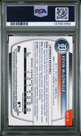 Graded 2025 Bowman Sapphire Kevin McGonigle #BCP79 Chrome Prospect Rookie RC Baseball Card PSA 9 Mint