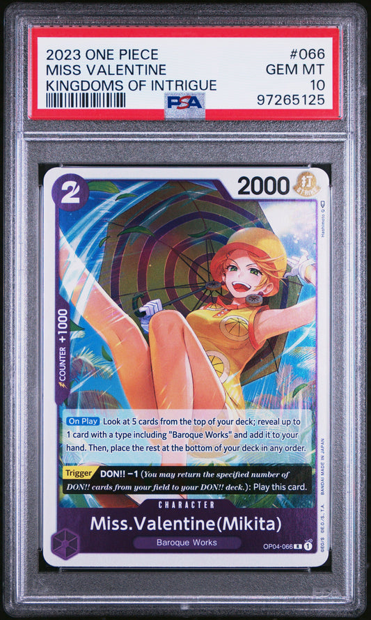 Graded 2023 One Piece Miss Valentine #066 Kingdoms of Intrigue OP04 Trading Card Game PSA 10 Gem Mint
