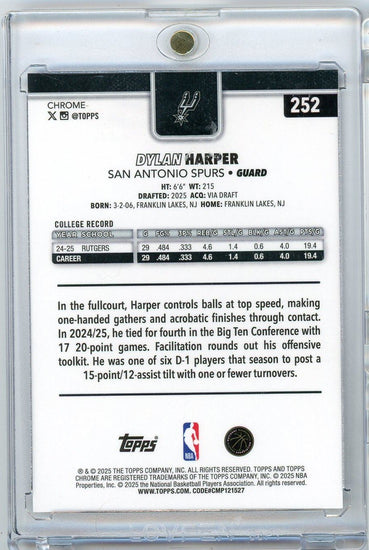  2025 Topps Chrome Dylan Harper #252 /75 Purple Wave Refractor Rookie RC Basketball Card 