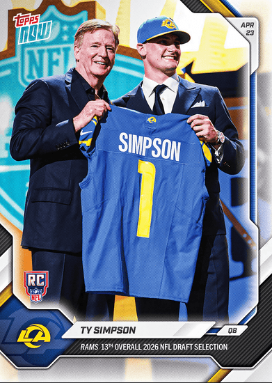 2026 Topps Now Ty Simpson #TSIM Rams 13th Overall 2026 NFL Draft Selection Los Angeles Rams Rookie RC Football Card