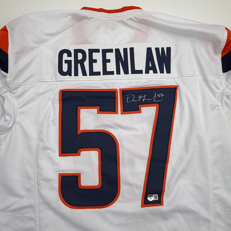 Autographed/Signed Dre Greenlaw Denver White Pro Cut Football Jersey Beckett BAS COA