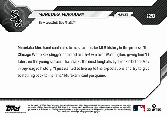 2026 Topps Now Munetaka Murakami #120 11 Home Runs Are Most By Rookie Before May in MLB Lore Chicago White Sox Rookie RC Baseball Card