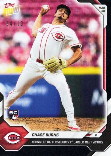 2026 Topps Now Chase Burns #29 Black Foil /10 Young Fireballer Secures 1st Career MLB Victory Cincinnati Reds Rookie RC Baseball Card