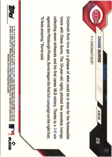2026 Topps Now Chase Burns #29 Black Foil /10 Young Fireballer Secures 1st Career MLB Victory Cincinnati Reds Rookie RC Baseball Card