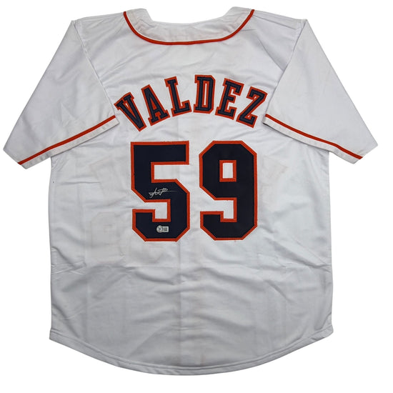 Autographed/Signed Framber Valdez Houston White Baseball Jersey Beckett BAS COA