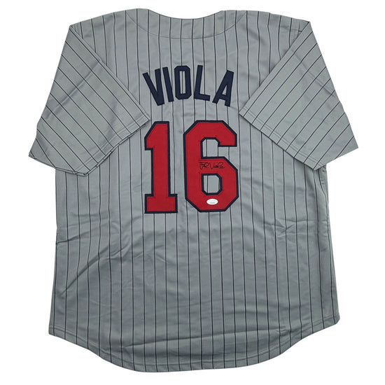 Autographed/Signed Frank Viola Minnesota Grey Pinstripe Baseball Jersey JSA COA