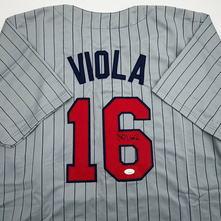 Autographed/Signed Frank Viola Minnesota Grey Pinstripe Baseball Jersey JSA COA