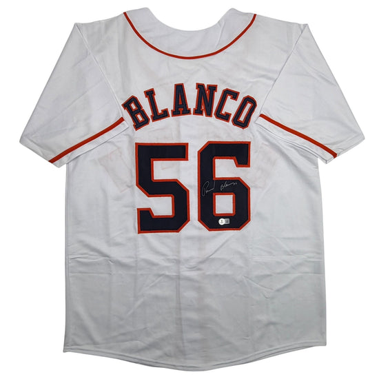 Autographed/Signed Ronel Blanco Houston White Baseball Jersey Beckett BAS COA