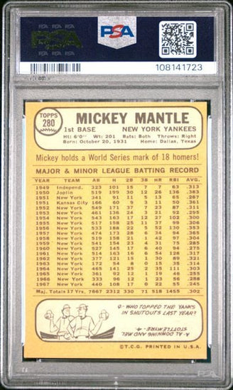 Graded 1968 Topps Mickey Mantle #280 Baseball Card PSA 6 EX-MT
