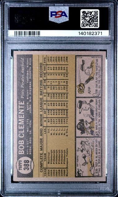 Graded 1961 Topps Bob Roberto Clemente #388 Baseball Card PSA 5 Excellent