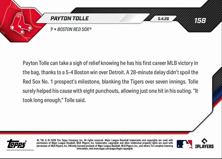 2026 Topps Now Payton Tolle #158 7 Scoreless Frames, 8Ks Collect 1st MLB Win Boston Red Sox Rookie RC Baseball Card