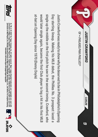 2026 Topps Now Justin Crawford #39 Gold Foil /50 Youngest Club Player with Walk Off Hit Since '97 Philadelphia Phillies Rookie RC Baseball Card