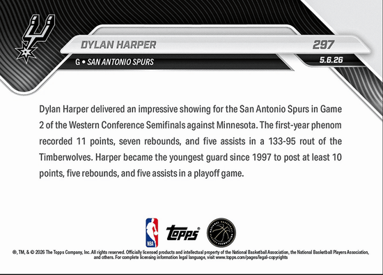 2025 Topps Now Dylan Harper #297 Rookie Shines in 38 Point Triumph As Spurs Even Series San Antonio Spurs Rookie RC Basketball Card