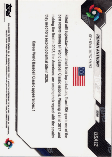 2026 Topps Now WBC Roman Anthony #USA12 Logo Refractor Team USA Baseball Card
