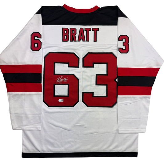 Autographed/Signed Jesper Bratt New Jersey NJ White Hockey Jersey Beckett BAS COA