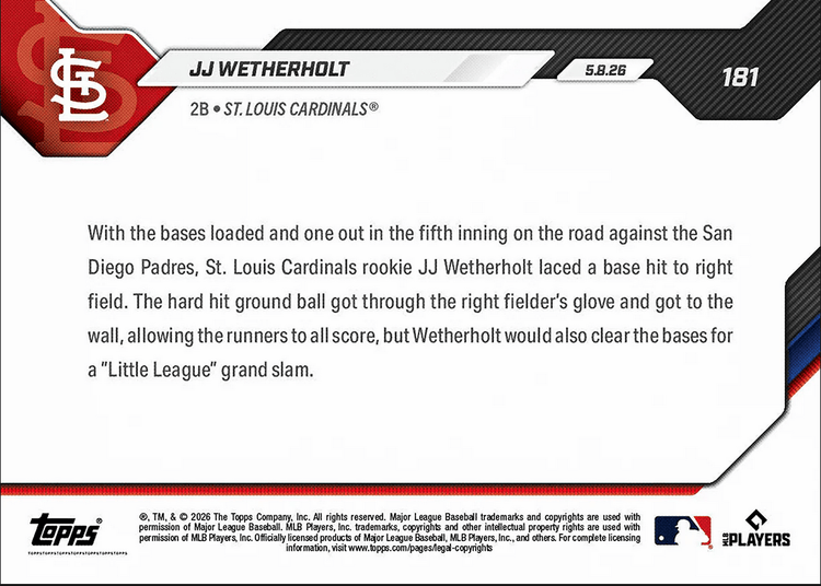 2026 Topps Now JJ Wetherholt #181 Little League Grand Slam Sparks Cardinals to Victory St Louis Cardinals Rookie RC Baseball Card