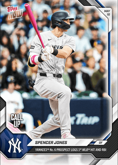 2026 Topps Now Spencer Jones #186 Yankees Number 6 Prospect Logs 1st MLB Hit and RBI New York Yankees Rookie RC Baseball Card