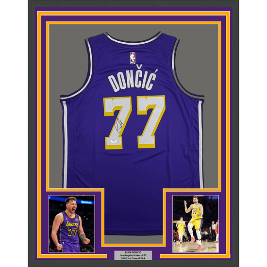 Framed Autographed/Signed Luka Doncic 35x39 Los Angeles Lakers Purple Authentic Basketball Jersey PSA/DNA COA