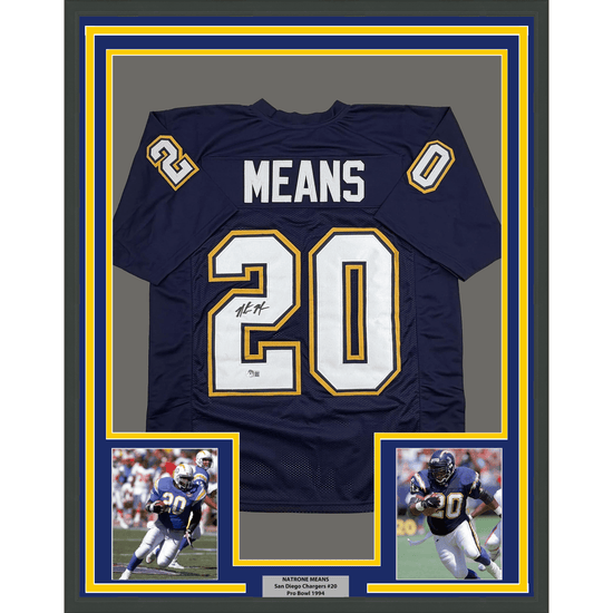 Framed Autographed/Signed Natrone Means 35x39 Los Angeles San Diego Navy Blue Football Jersey Beckett BAS COA