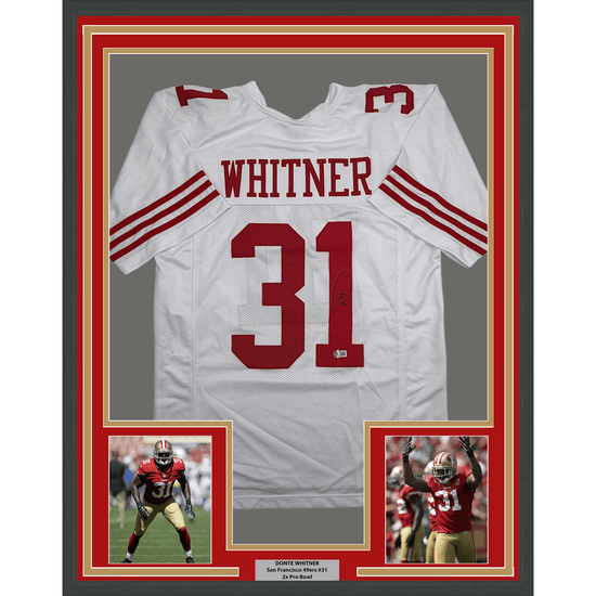 Framed Autographed/Signed Donte Whitner 35x39 San Francisco White Football Jersey Beckett BAS COA