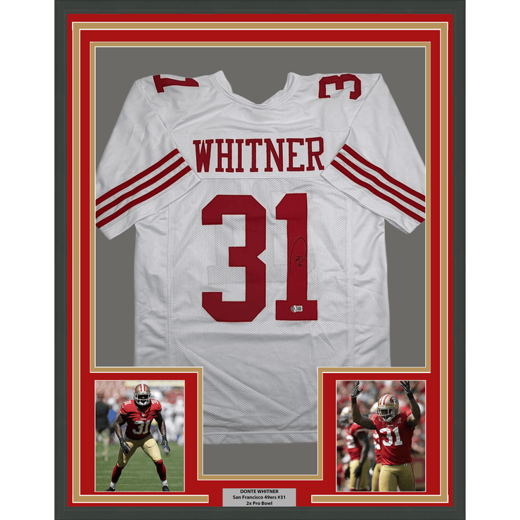Framed Autographed/Signed Donte Whitner 35x39 San Francisco White Football Jersey Beckett BAS COA