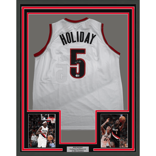 Framed Autographed/Signed Jrue Holiday 35x39 Portland White Basketball Jersey Beckett BAS COA